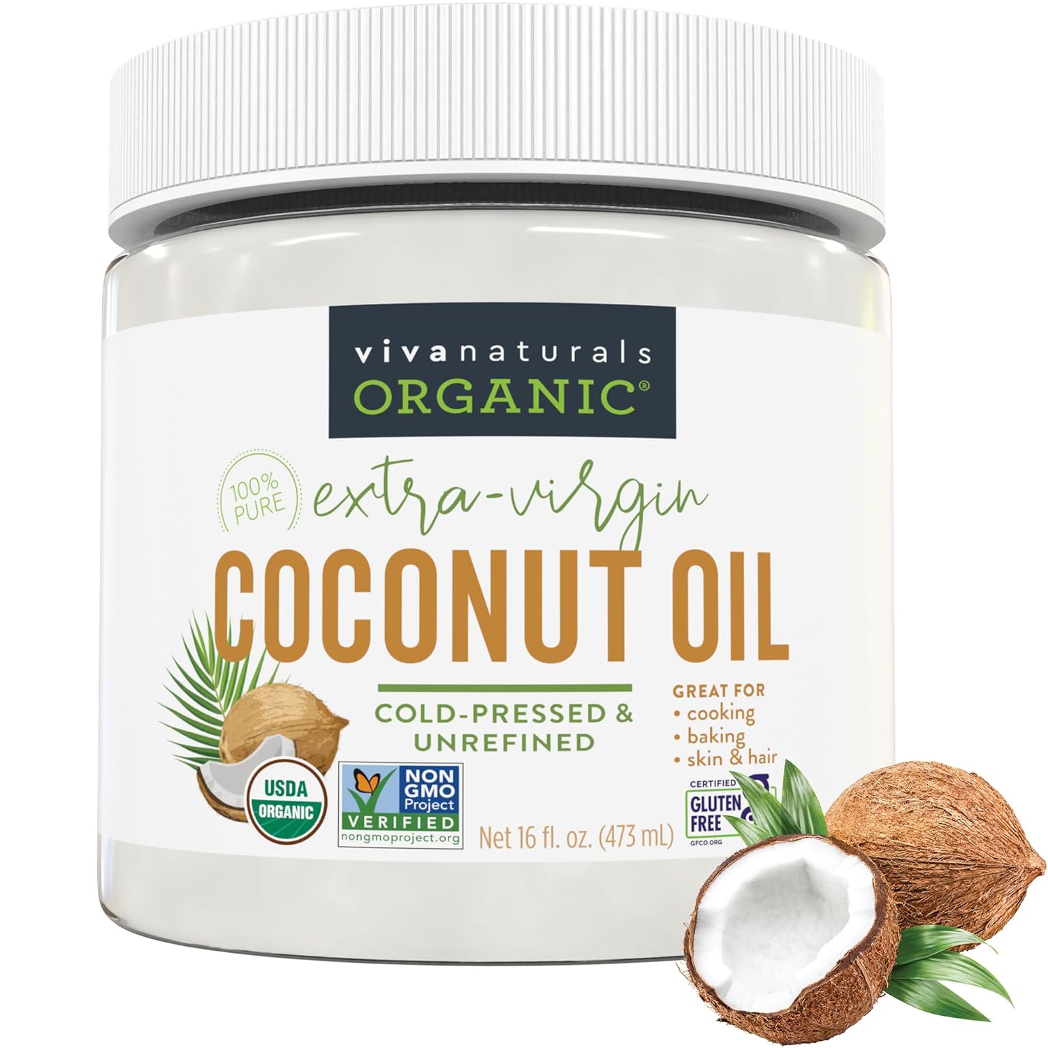 Viva Naturals Organic Coconut Oil, 16 fl oz, Unrefined, Cold-Pressed Extra Virgin, USDA Organic & Non-GMO