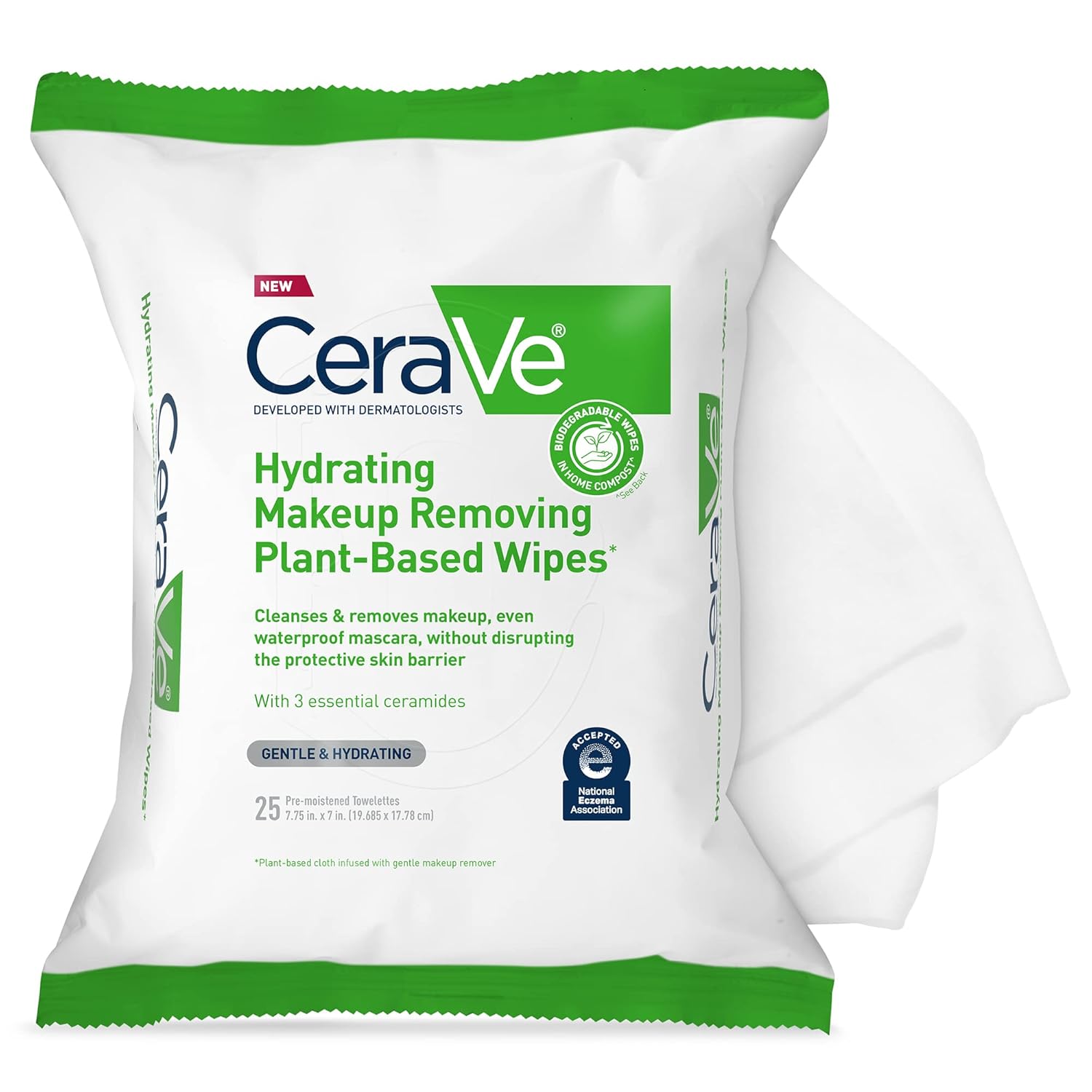 cerave plant-based face wipes, hydrating makeup remover, biodegradable, fragrance-free, 25-count, sensitive skin