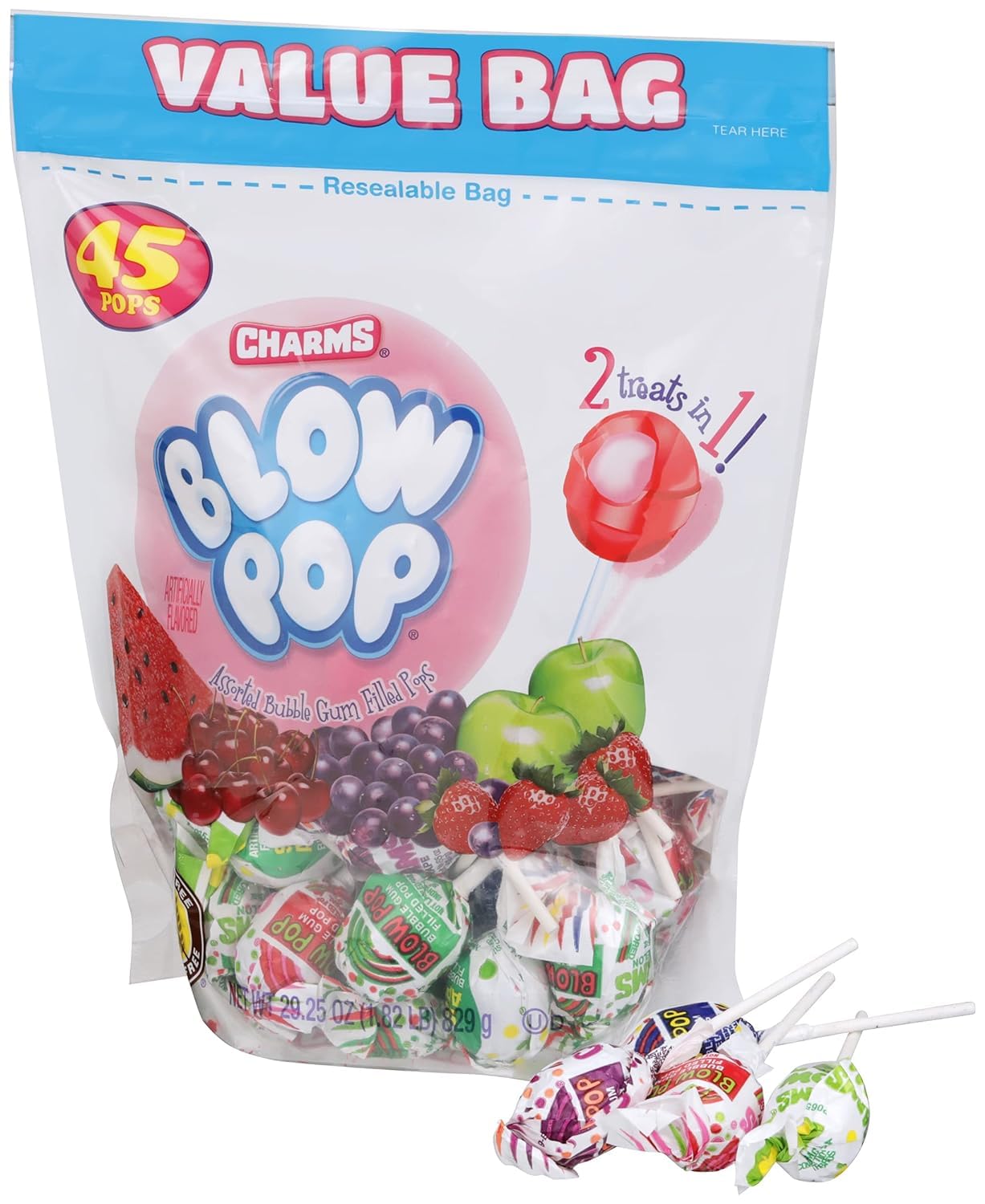 Charms dual candy and gum suckers with assorted flavors, 45 count, individually wrapped, peanut free, gluten free, bulk