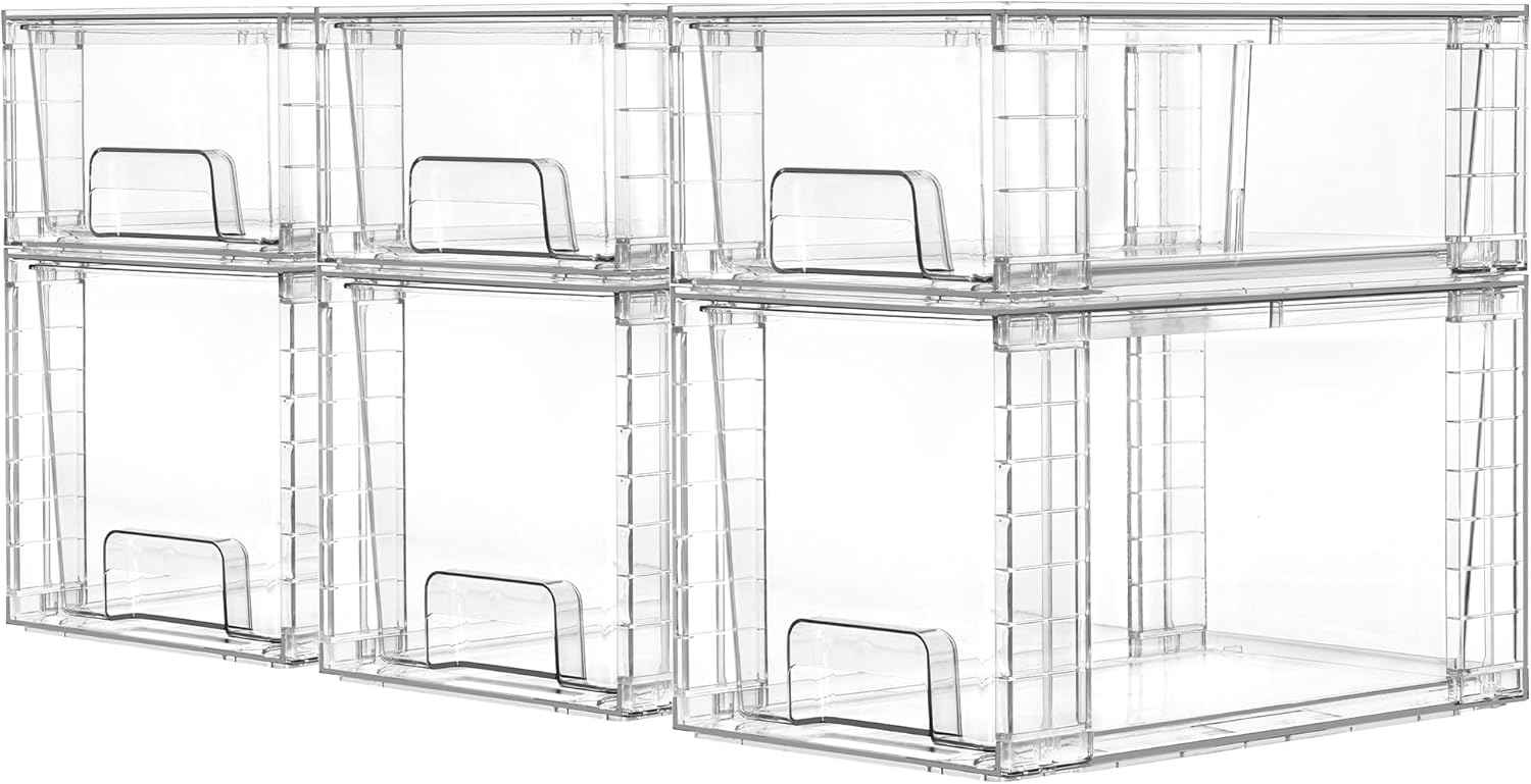 Vtopmart 4 Pack Clear Stackable Storage Drawers,Under Sink and Kitchen Organizers Storage,Easy to Assemble Plastic Drawers for Baby Bottle,Medicine, Bathroom,Cabinet and Pantry Organization