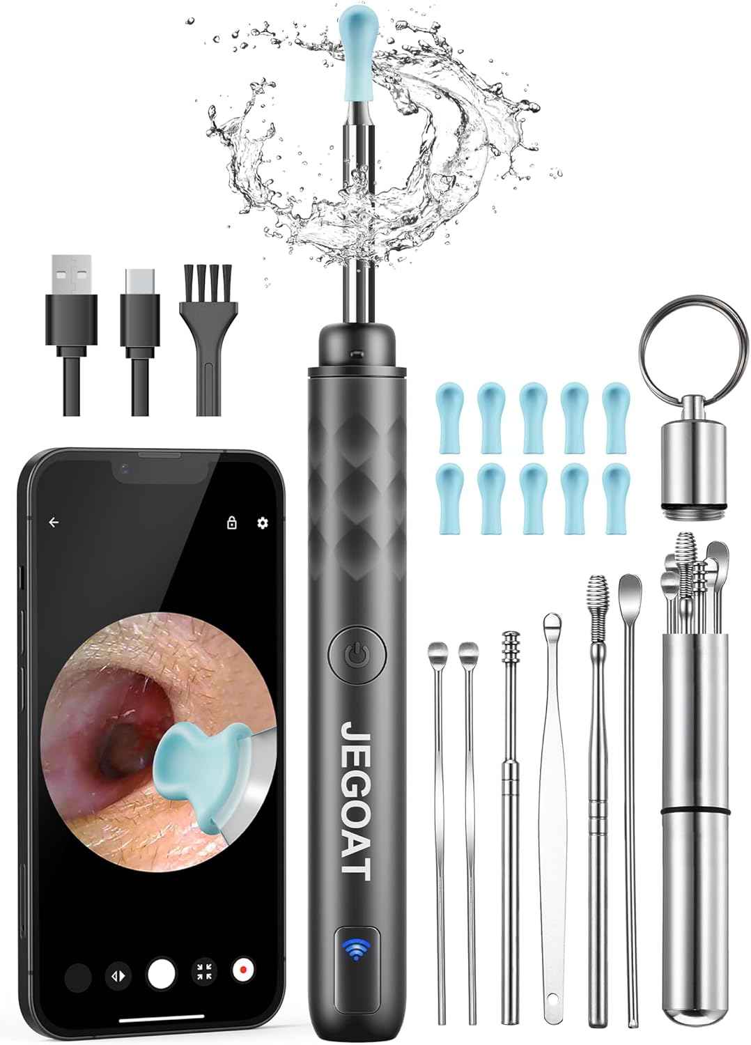 Jegoat Ear Wax Removal, Ear Wax Removal Tool Camera with 1296P HD Camera and 6 LED Lights, Ear Cleaner with 10 Ear Pick, Upgraded Ear Wax Removal Kit for iOS and Android, Black
