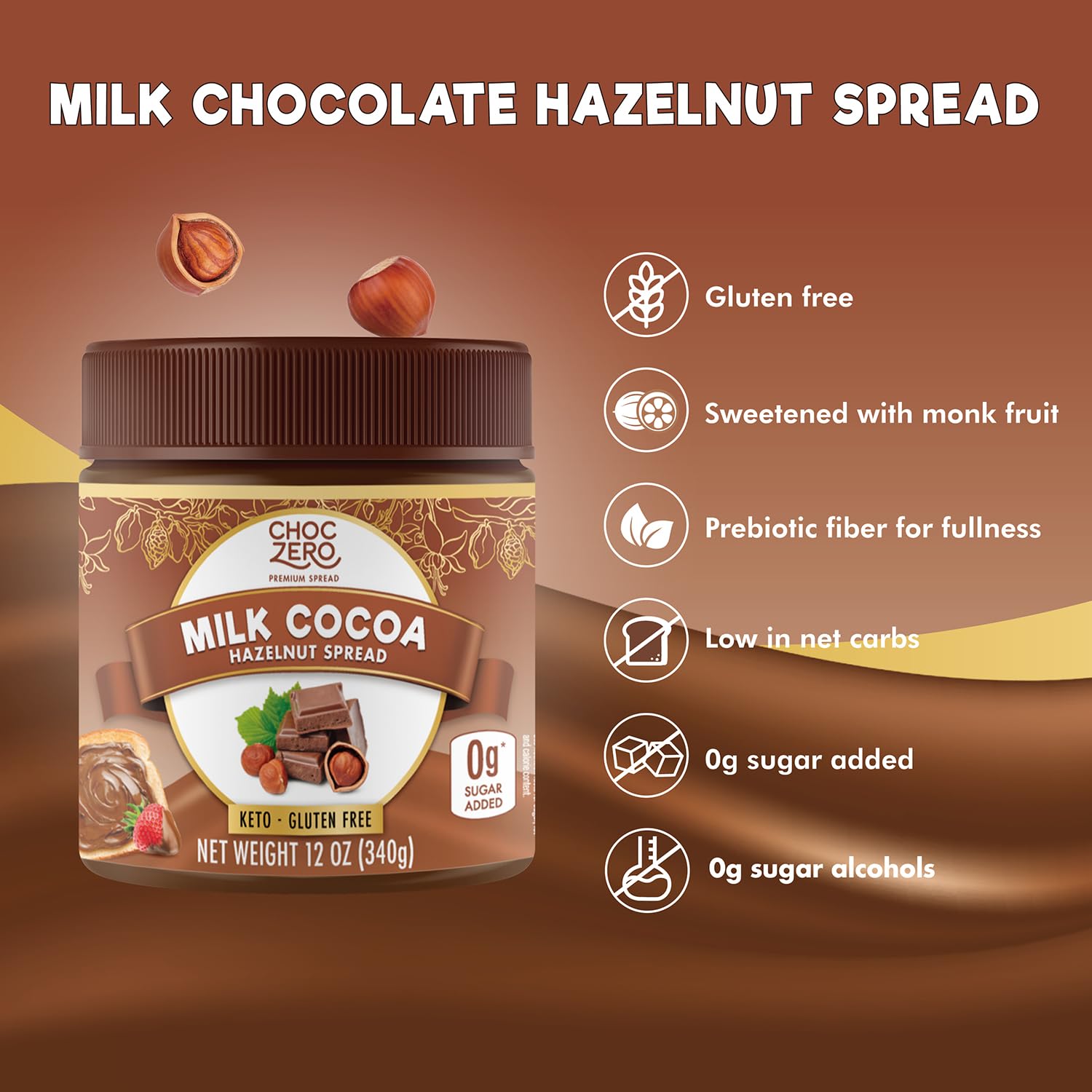 ChocZero 12 oz Milk Chocolate Hazelnut Spread, No Added Sugar, Keto Friendly, Low-Carb, Gluten Free, High Fiber, Versatile