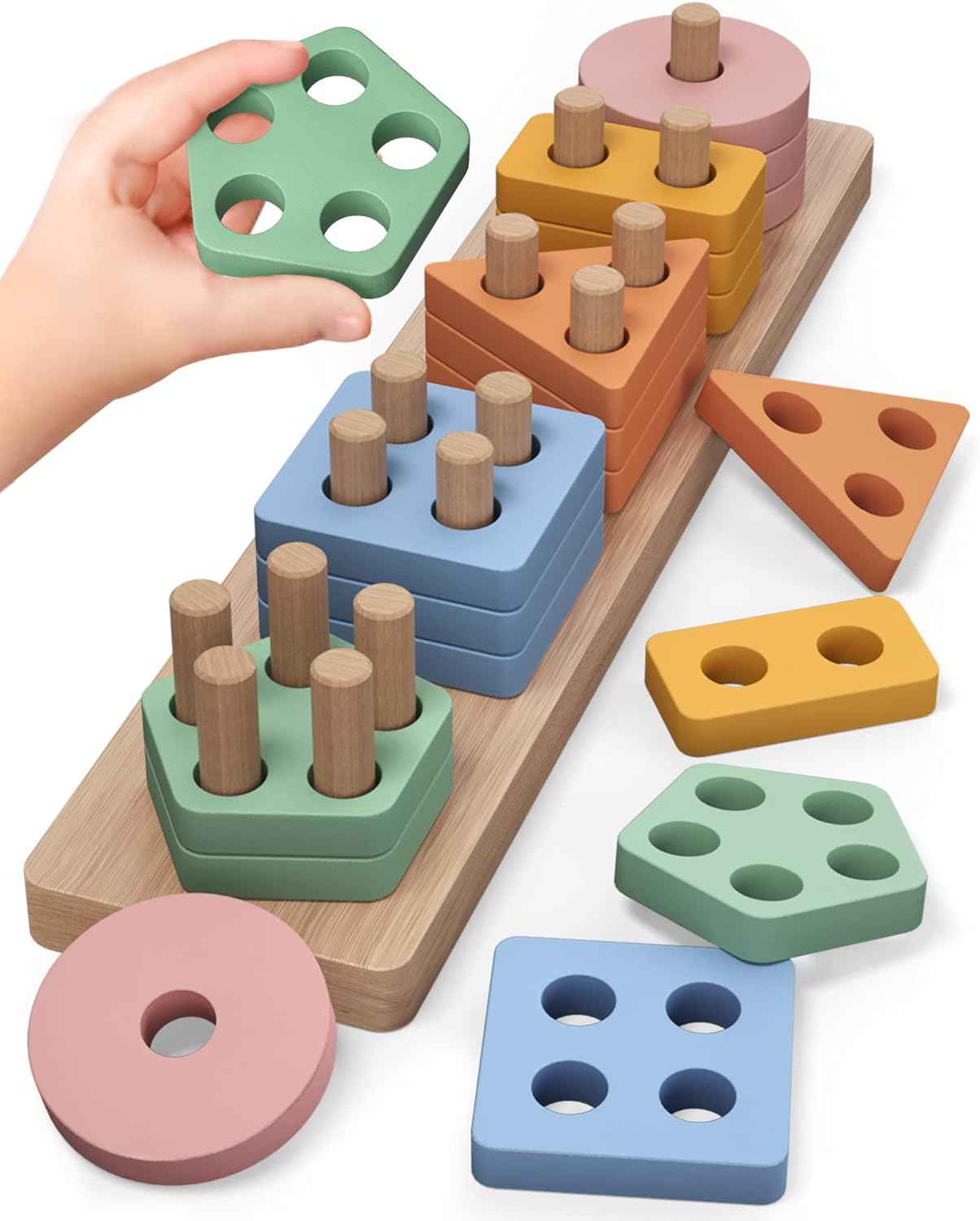 PEBIRA Montessori Toys for 1 to 3-Year-Old Boys Girls Toddlers, Wooden Sorting & Stacking Toys for Toddlers and Kids Preschool, Educational Color Recognition Shape Sorter, Learning Puzzles Gift