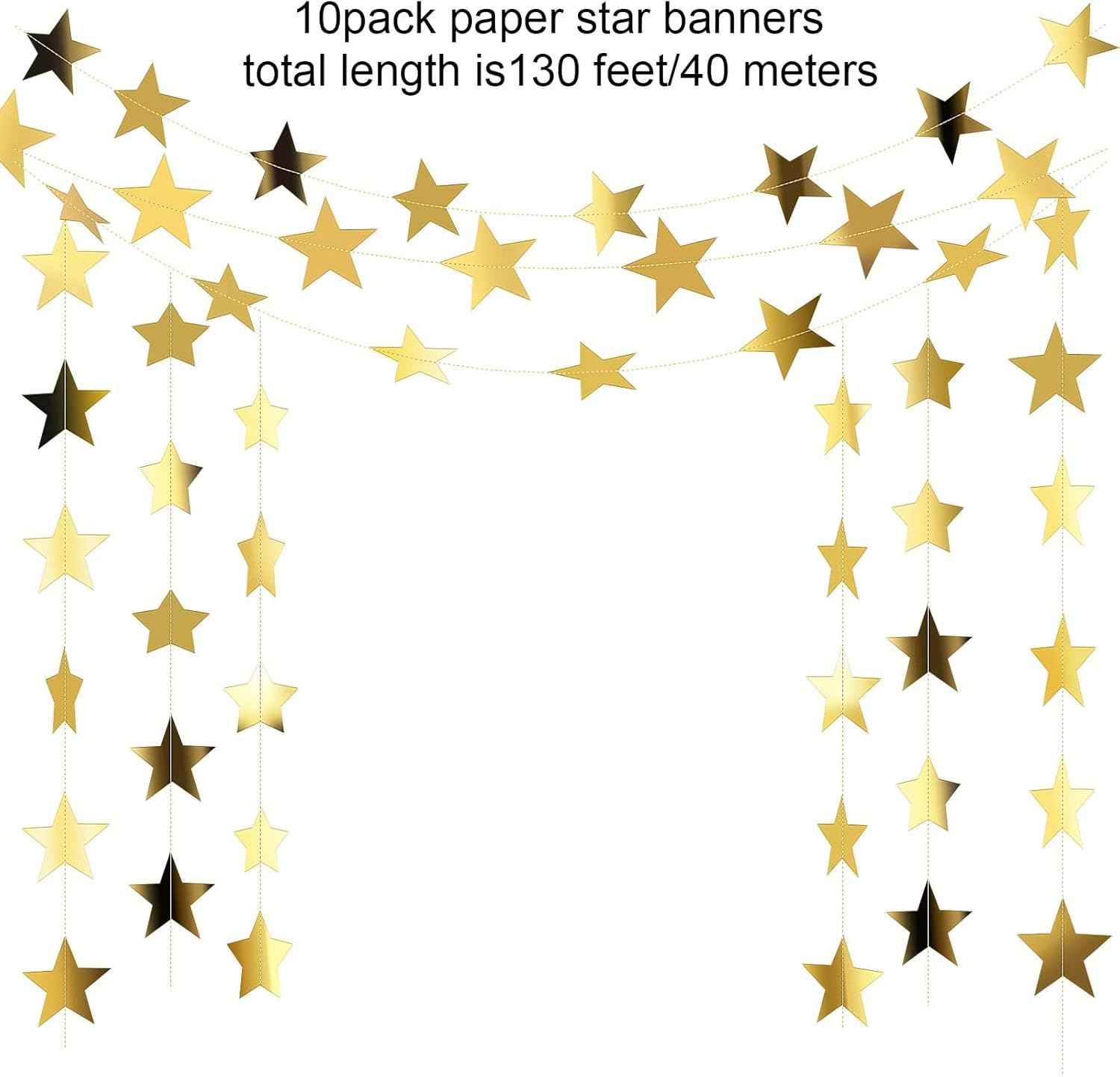 Patelai Glitter Star Garland Banner Christmas Decor 130 Feet Star Hanging Bunting Banner Twinkle Backdrop for Homecoming Classroom Wedding Birthday Halloween Party Supplies(Gold)