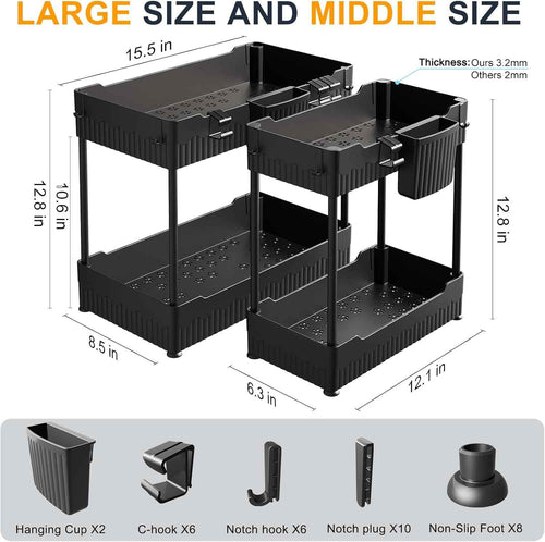 2 Pack Under Sink Organizer, Under Bathroom Cabinet Organizer with Hooks Hanging Cup, Multi-Purpose Storage Shelf for Kitchen Bathroom, Black