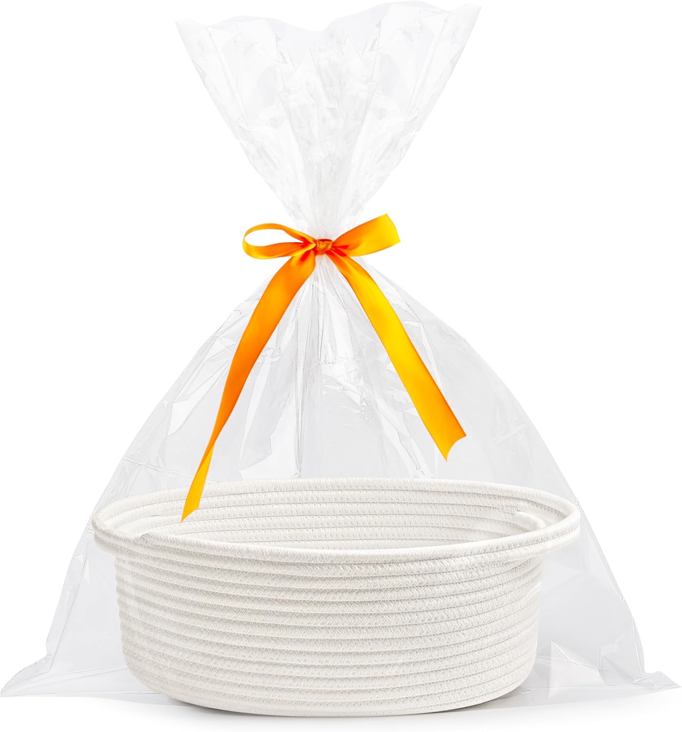 White small woven burr basket with gift bags and ribbons, 12" x 8" x 5", durable storage for gifts, baby toys, and living room essentials