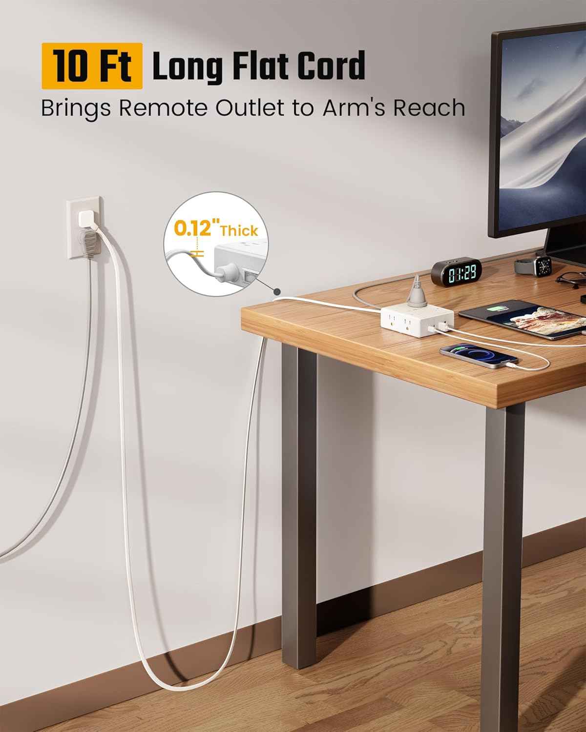 10Ft Extension Cord with Multiple Outlets, Flat Plug Surge Protector Power Strip 10 Ft Long Cord, 8 Outlets & 4 USB Ports (2 USB C), Desk Charging Station for Home Office, College Dorm Room Essentials
