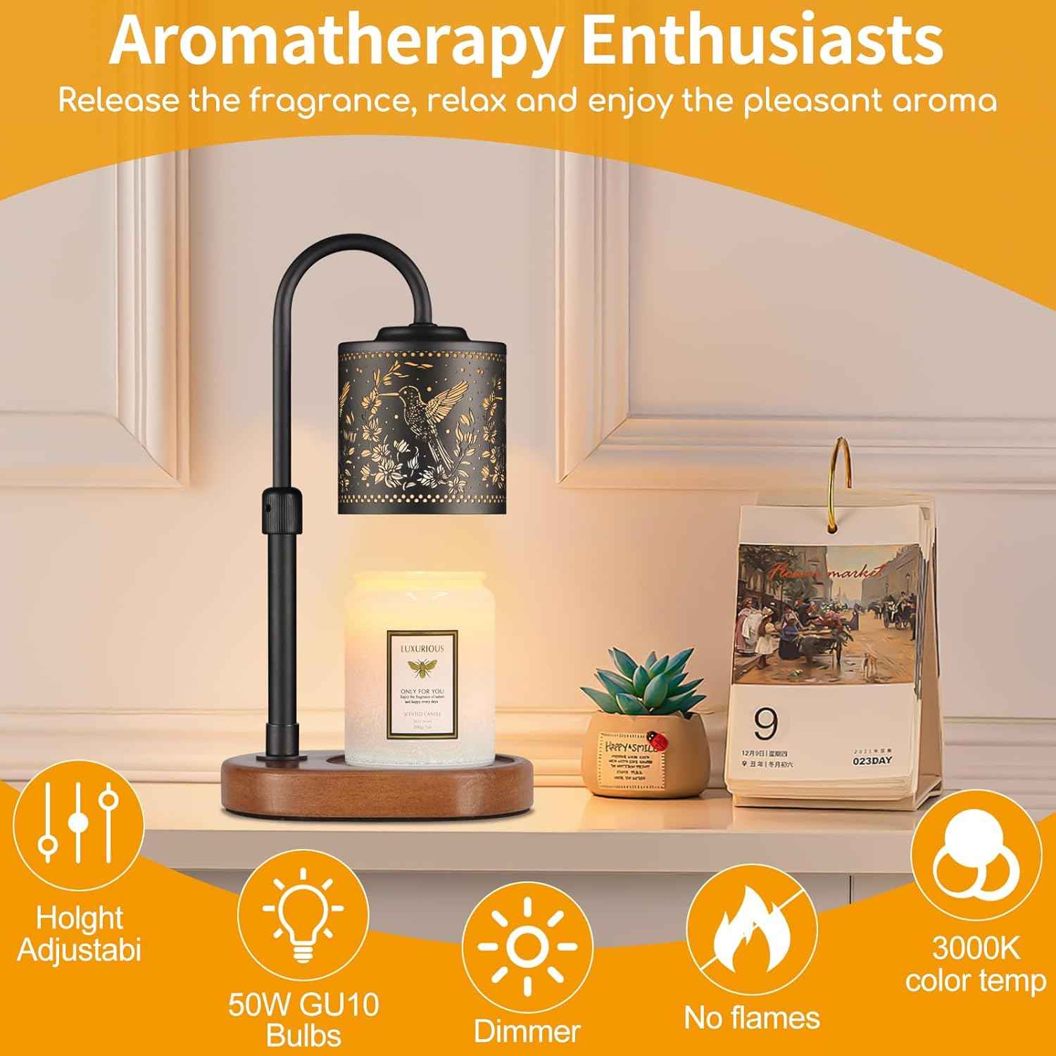 Dimmable Candle Warmer Lamp with Timer Adjustable Height for Scented Jar Candles Electric Candle Wax Melt Warmer for Home Decor Christmas Birthday Gifts for Women Mom(Hummingbird)