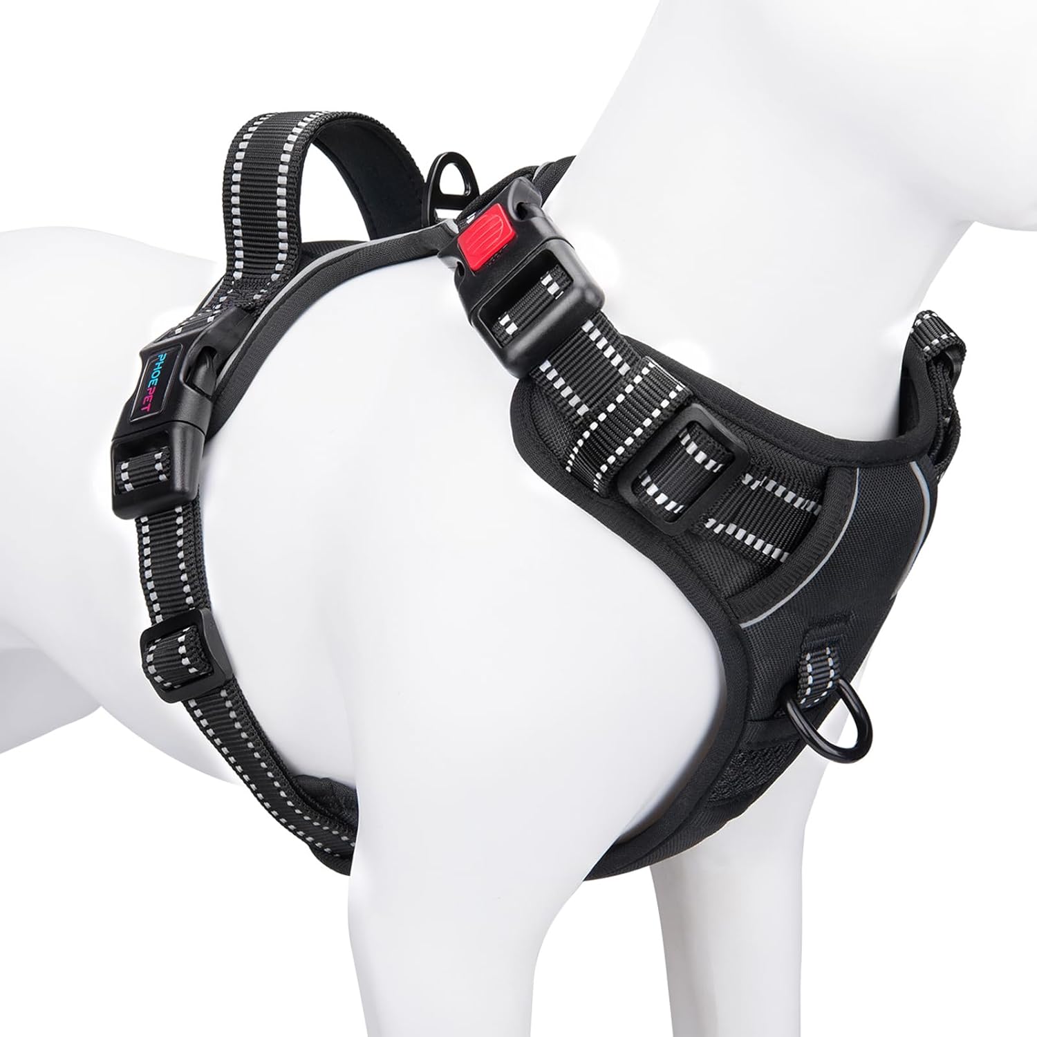 phoepet medium reflective dog harness with handle adjustable 2 metal rings orange