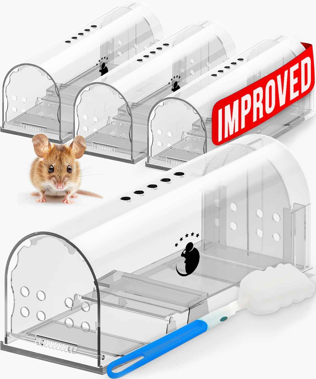 Motel Mouse Humane Mouse Traps No Kill Live Catch and Release 4 Pack - Reusable, Easy to Use & Clean, No Touch Release, Sensitive Includes Cleaning Brush, Instruction Manual & Video - Mousetrap Indoor