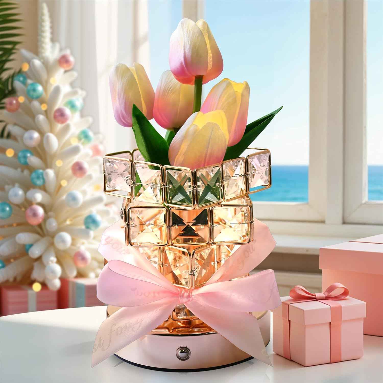 Tulip Flower Lamp, Valentine’s Day Gifts for Women, Romantic Home Decor Flower Gift for Girlfriend Wife, Rechargeable Cordless Touch Table Lamp, 3 Color Infinitely Dimming Night Light