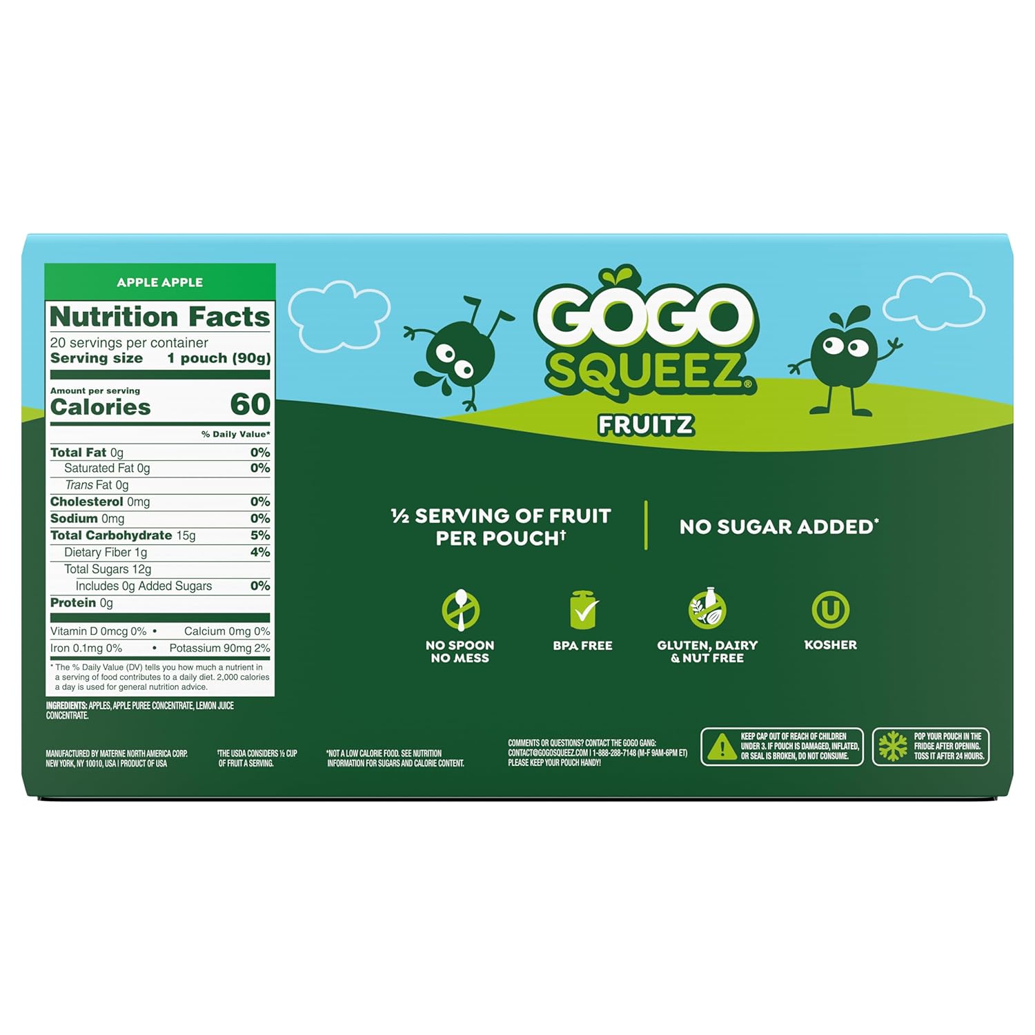 gogo squeeZ fruit on the go, apple apple, 3.2 oz, unsweetened, gluten free, nut free, recloseable, bpa free, pack of 20