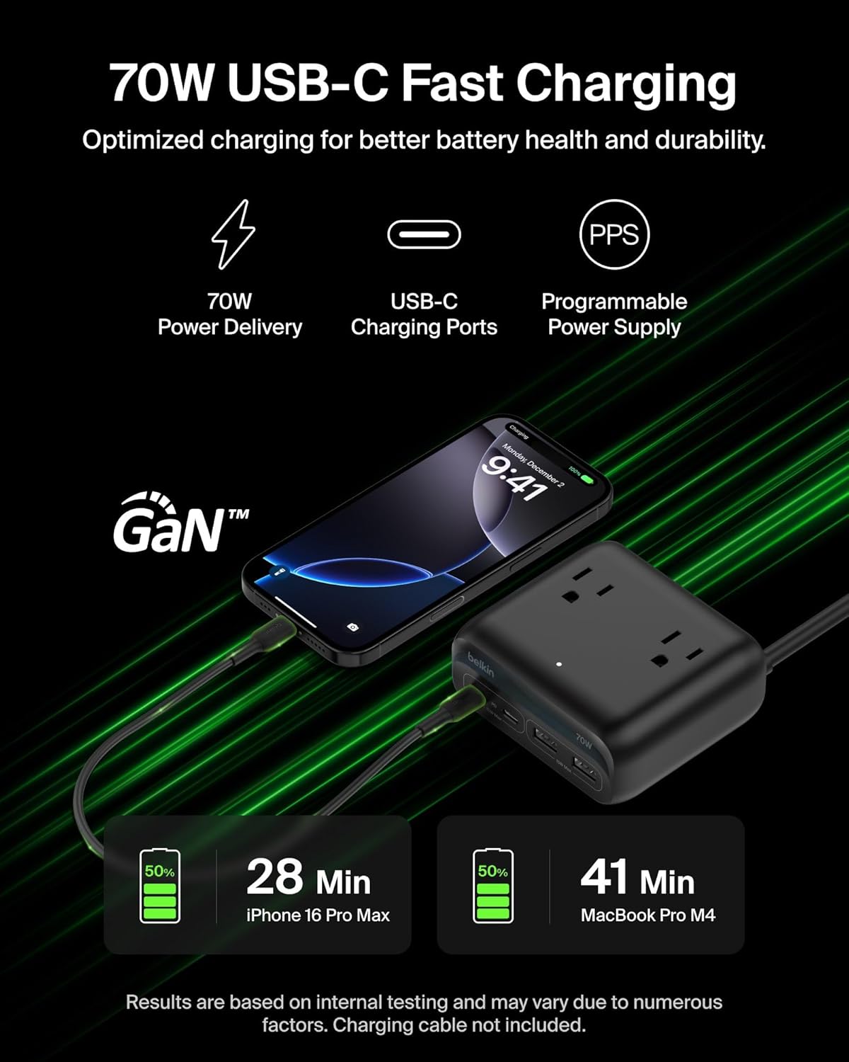 Belkin GaN Charging Station 70W, 7-in-1 Dual USB C Charger w/ 3x AC Outlets, 2x USB A Ports, Power Strip, iPhone Charger Fast Charging, Apple Watch, iPad, MacBook, Chromebook, Samsung Galaxy, Pixel 10