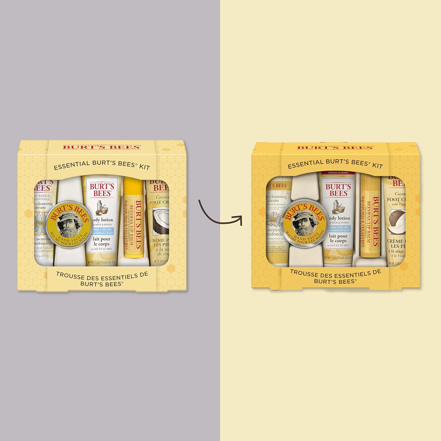 Burt's Bees essentials set with deep cleansing cream, hand salve, body lotion, foot cream, and lip balm - travel size