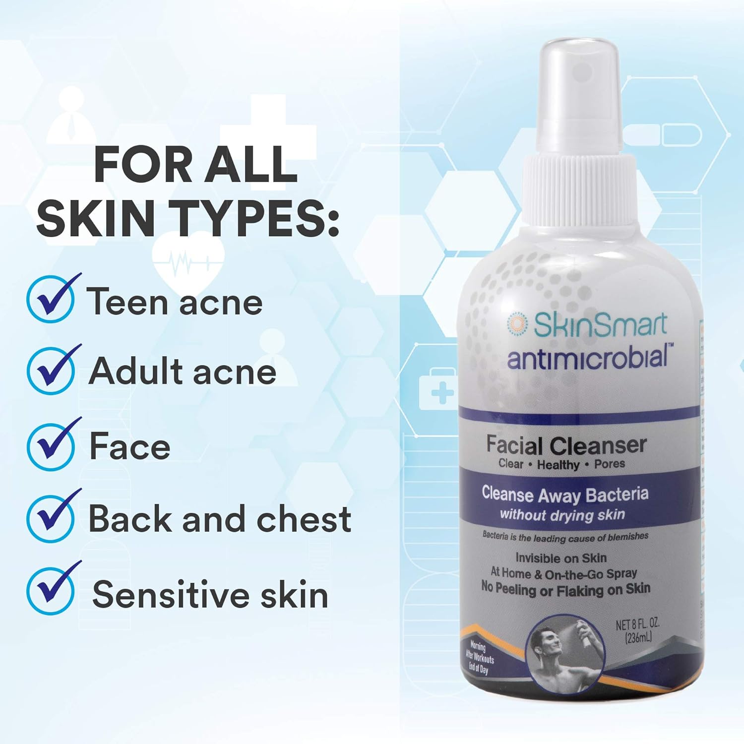 SkinSmart antimicrobial facial cleanser for breakouts and blemishes, with hypochlorous acid formula, 8 oz spray, gentle for all ages and skin types