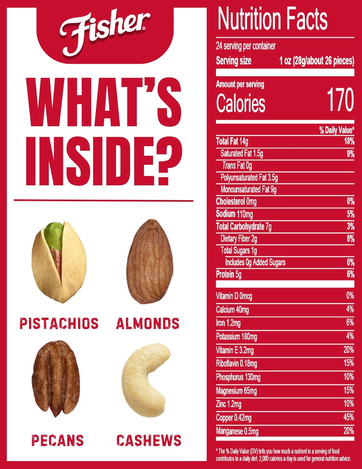 Fisher Oven Roasted Deluxe Mixed Nuts, 24 Ounces, No Added Oil, Gluten Free, Almonds, Cashews, Pecans, Pistachios