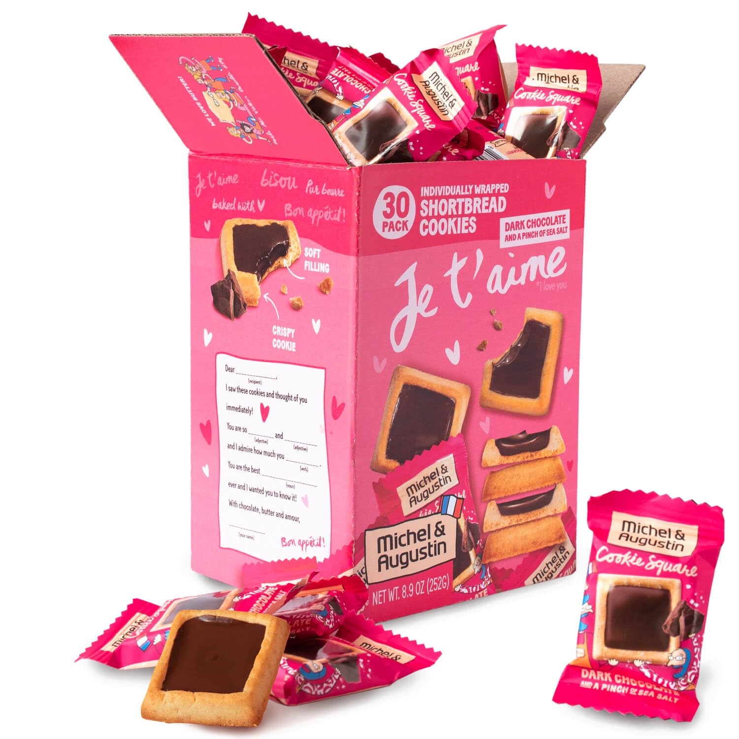 Michel et Augustin gourmet dark chocolate cookie squares, individually wrapped, 30-pack, French shortbread cookies with sea salt