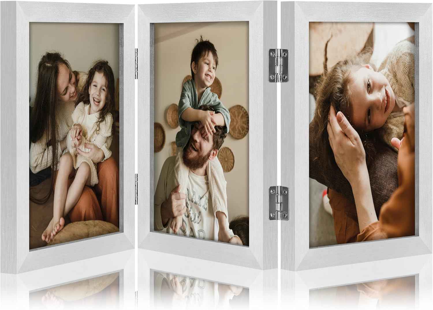 decorUhome Triple 4x6 Picture Frame Vertical, Engineered Wood Trifold Photo Frame with Plexiglass for Tabletop Display, 4x6, Black