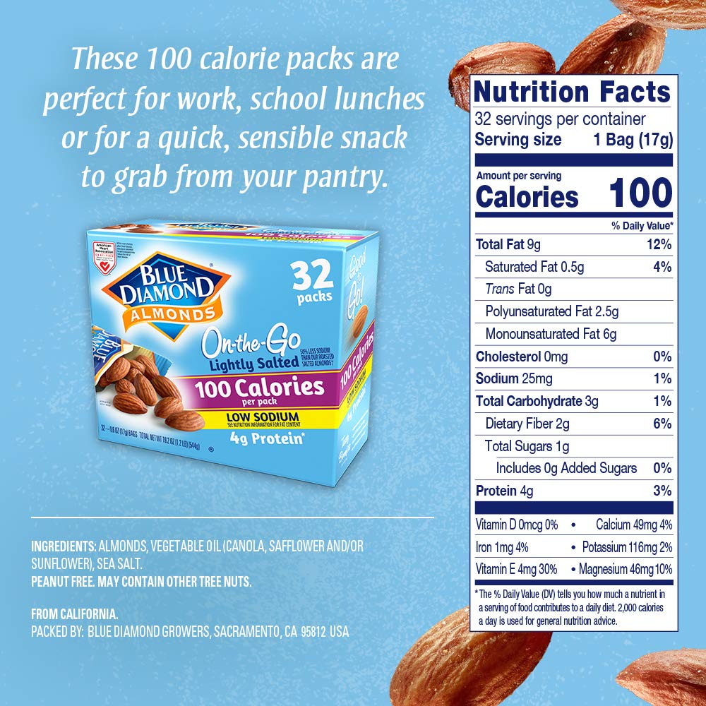 Blue Diamond Low Sodium Almonds, 100 Calorie Packs, 0.6 Ounce, Pack of 32, Lightly Salted, Snack Nuts