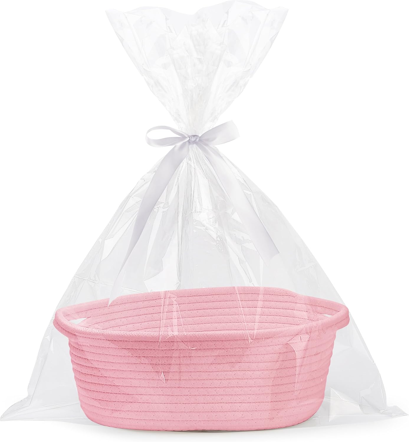 White small woven burr basket with gift bags and ribbons, 12" x 8" x 5", durable storage for gifts, baby toys, and living room essentials