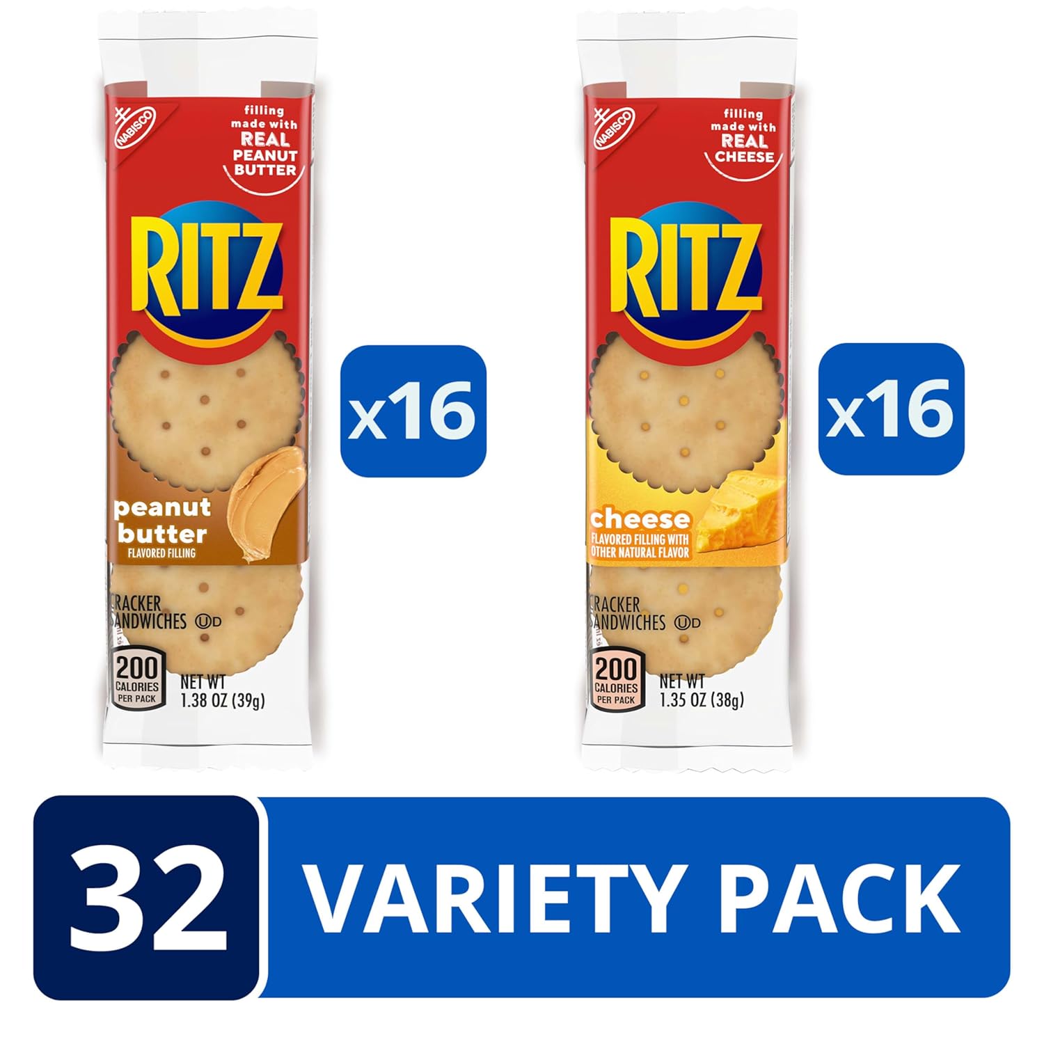 ritz peanut butter and cheese sandwich crackers variety pack, 32 snack packs, 6 crackers per pack