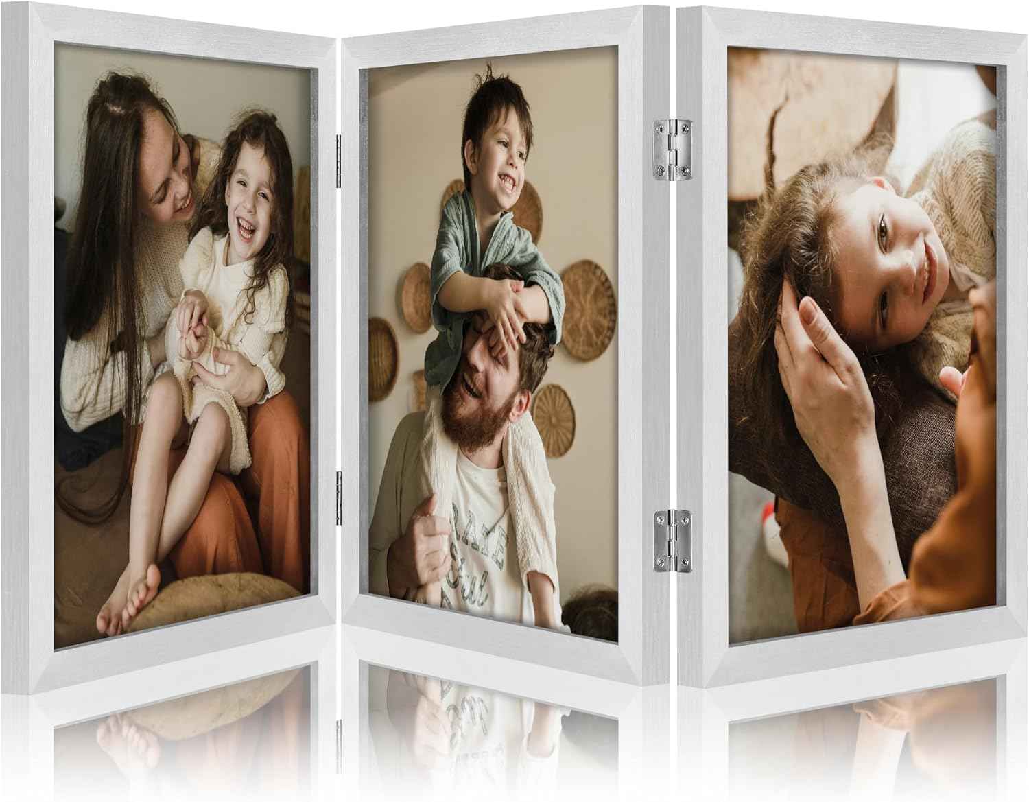 decorUhome Triple 4x6 Picture Frame Vertical, Engineered Wood Trifold Photo Frame with Plexiglass for Tabletop Display, 4x6, Black