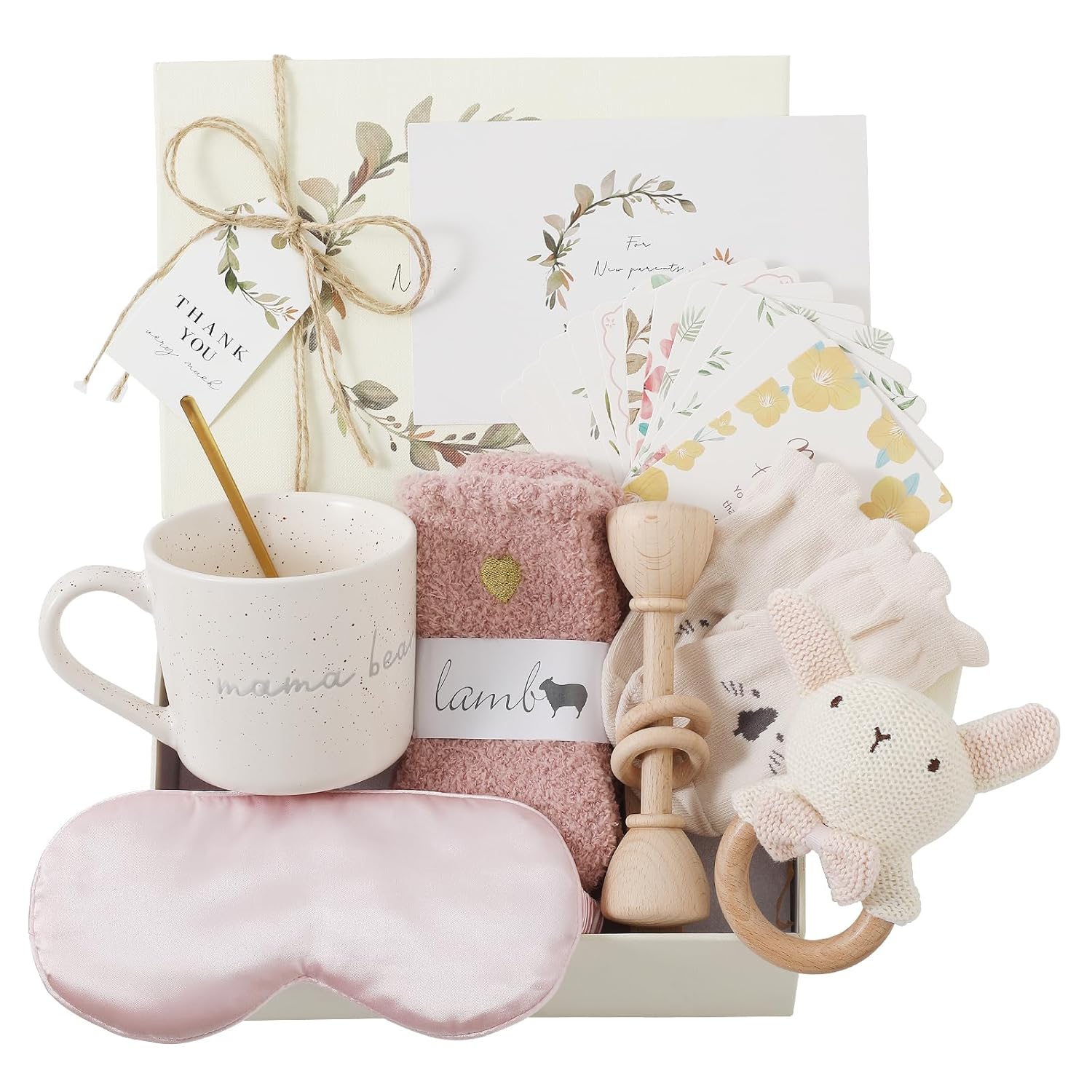 Mama Bear Pregnancy & Baby Shower Gifts Care Package - Eye Mask, Baby Rattle & Mug for New Mom