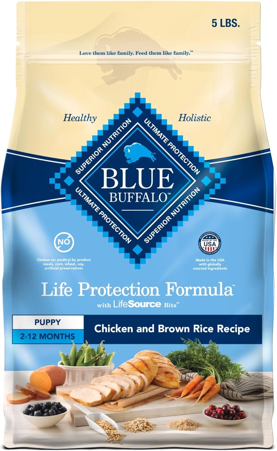 Blue Buffalo Life Protection Formula Puppy Dry Dog Food, Chicken and Brown Rice, 5-lb Bag with Natural Ingredients and DHA