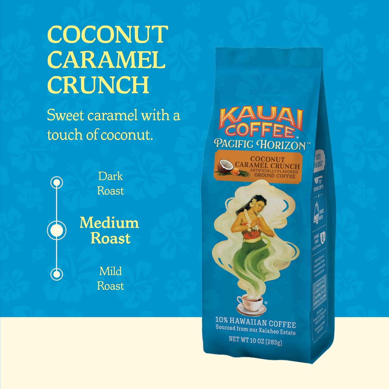 kauai coffee coconut caramel crunch 10% hawaiian arabica 10oz ground coffee, smooth and rich medium roast