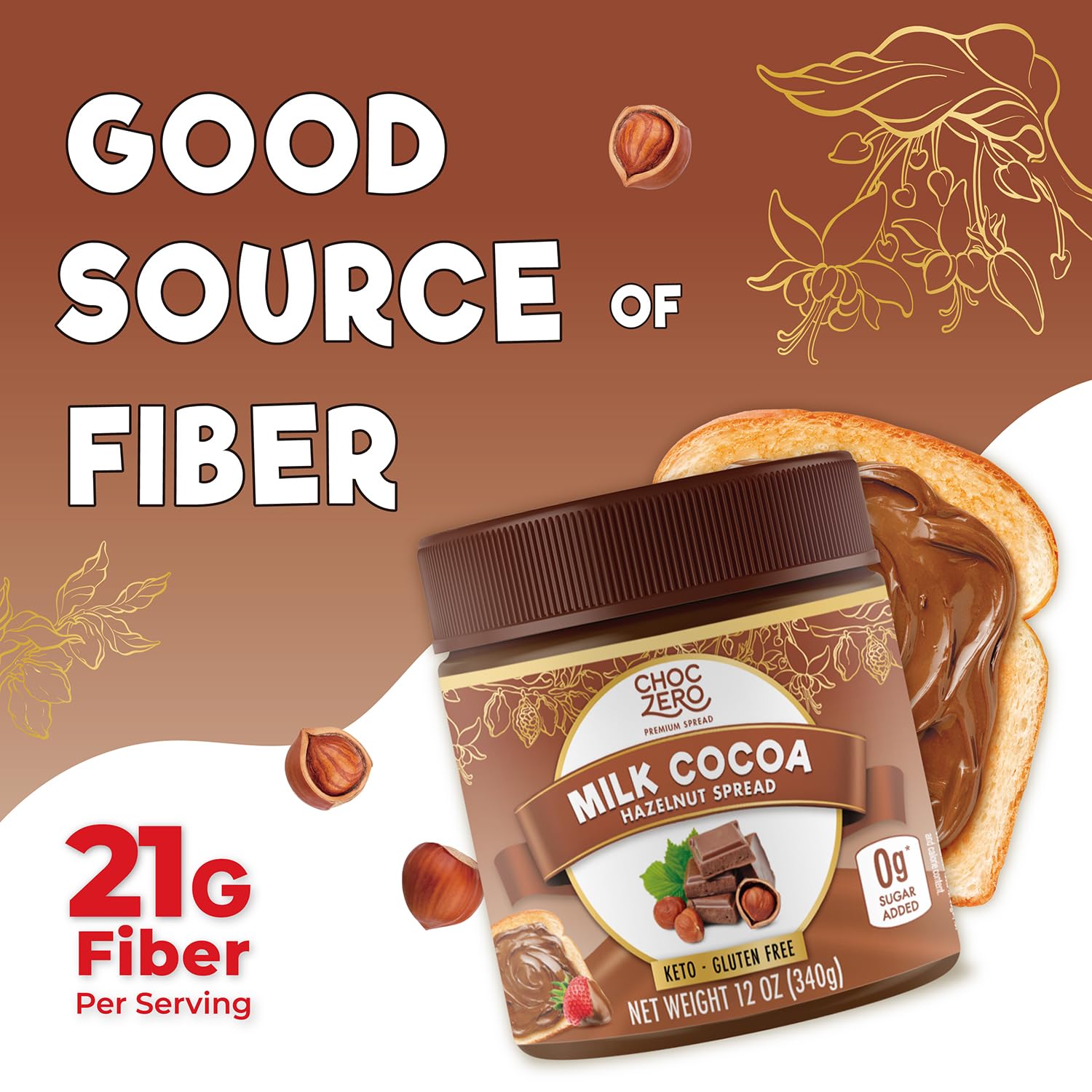 ChocZero 12 oz Milk Chocolate Hazelnut Spread, No Added Sugar, Keto Friendly, Low-Carb, Gluten Free, High Fiber, Versatile