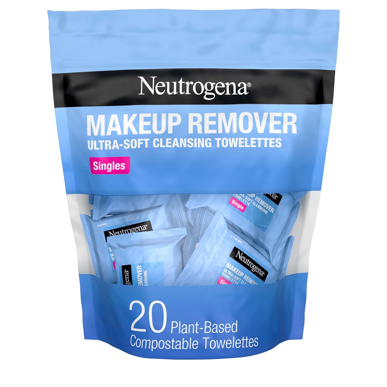 Neutrogena daily makeup remover wipes, 20 count, single face cleansing towelettes, alcohol-free, 100% plant-based