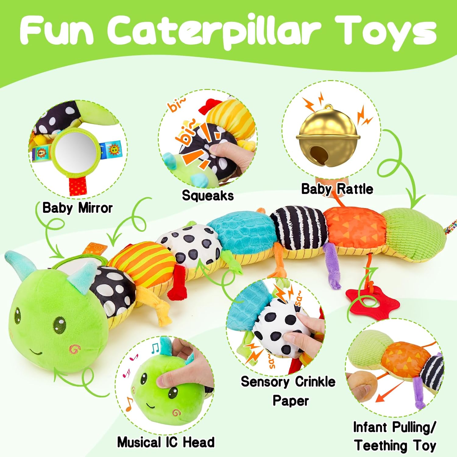 Topsochir Baby Sensory Toys 0-6 Months Music Animal Stuffed Plush Caterpillar Toy for Infant 0-3-6-12 Month Old Tummy Time with Mirror Crinkle Rattle Toys for Newborn Boys Girls Shower Birthday Gifts