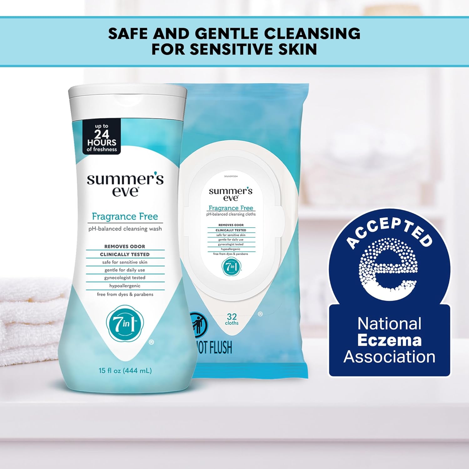 Summer's Eve fragrance-free feminine wipes, gentle pH-balanced micellar water formula for vaginal odor control, resealable pack, 32 wipes