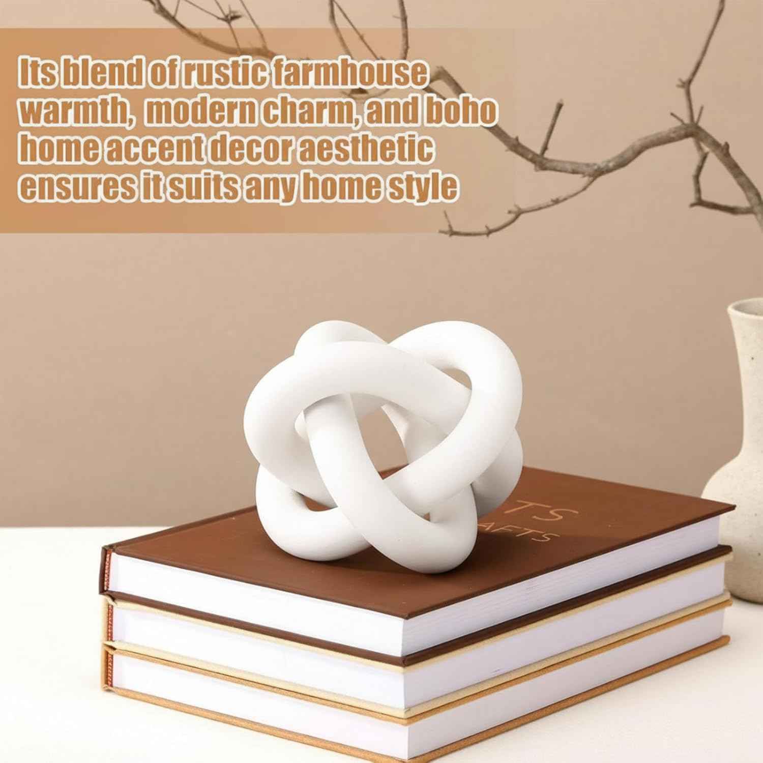 3 Link Wood Knot Decor - Hand Carved Coffee Table Decoration, Boho Chain Link Decor, Modern Shelf, Rustic Objects for Home Living Room Bedroom(White)
