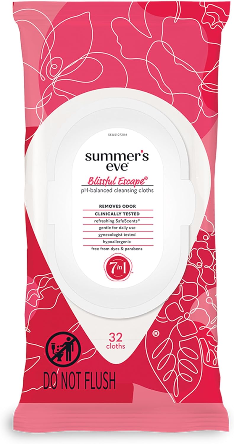 Summer's Eve Simply Sensitive feminine wipes, gentle pH-balanced micellar water formula for vaginal odor control, resealable packs of 32