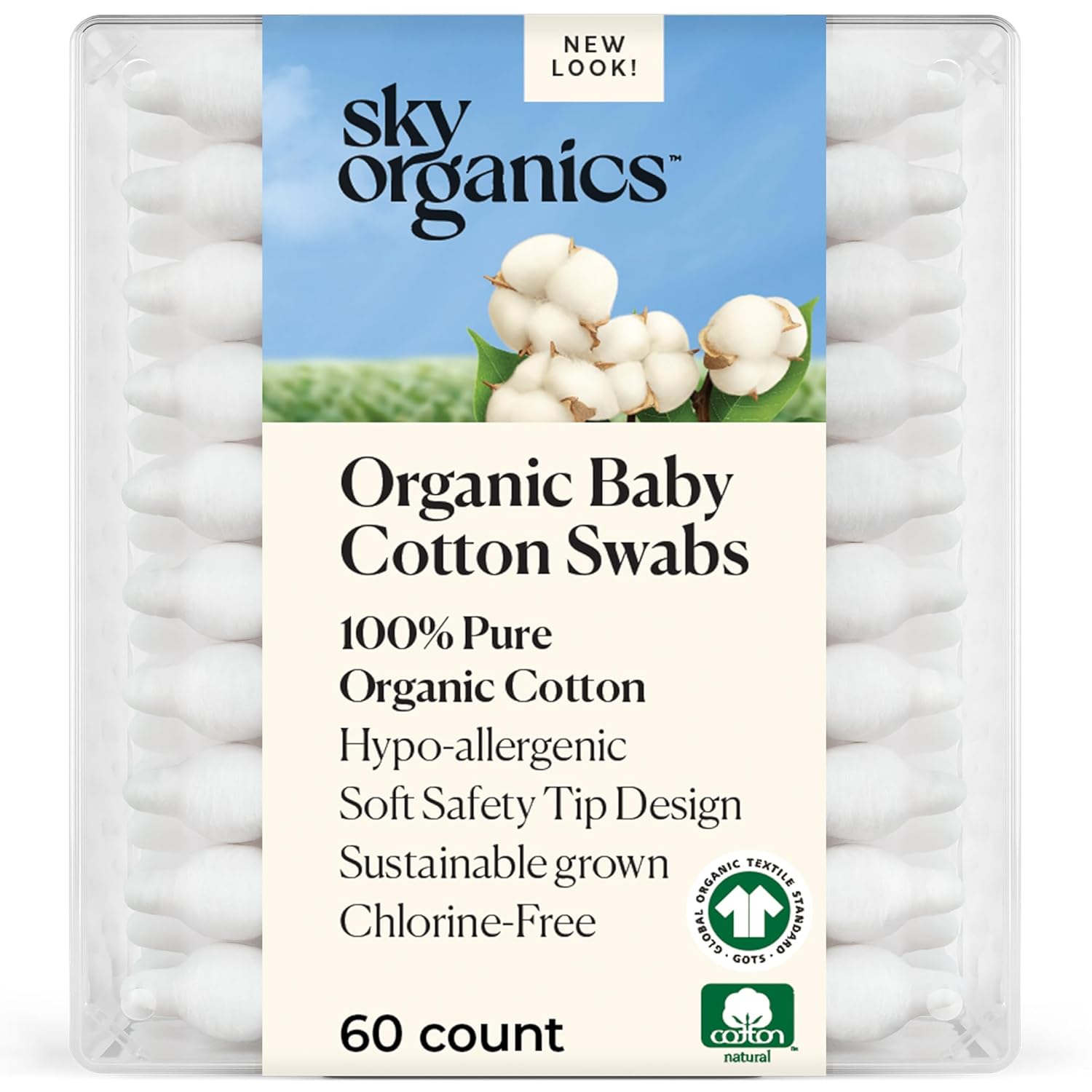 Sky Organics organic baby cotton swabs, 60 count, ultra soft, baby safe tips, strong and durable, hypoallergenic, chlorine free