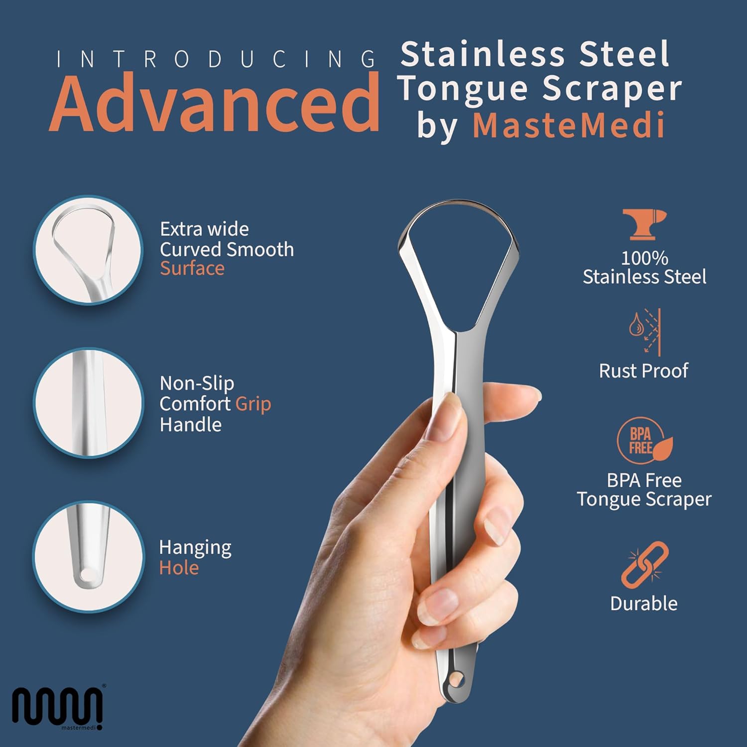 mastermedi 100 stainless steel tongue scraper for adults bad breath oral care