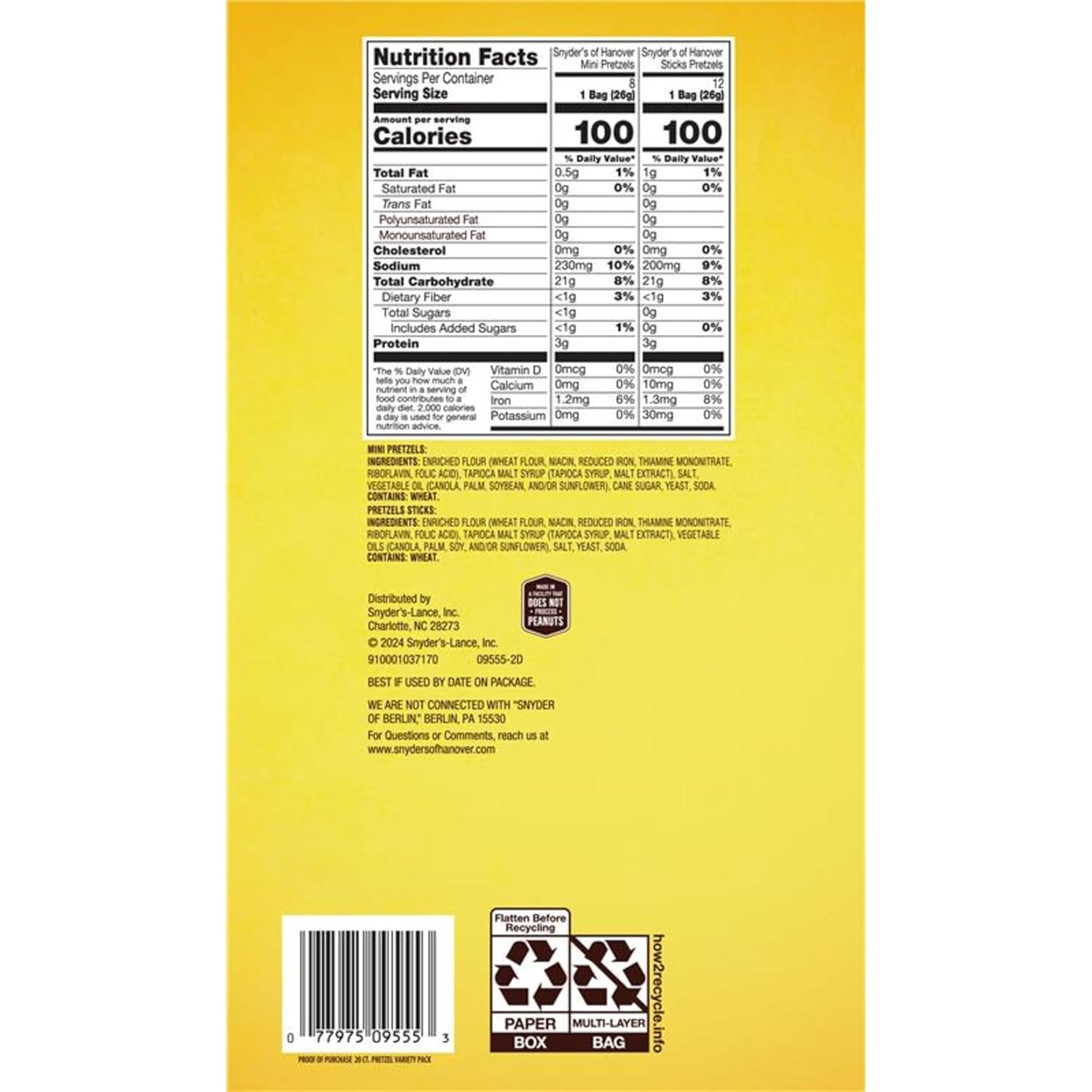Snyder's of Hanover variety pack pretzels, 20 count, 0.92 oz, non-GMO, peanut-free, individually wrapped snack packs