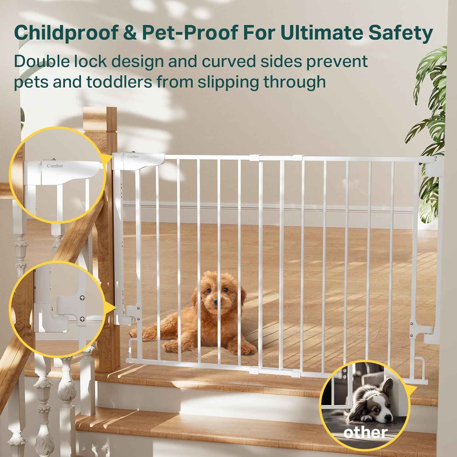 Cumbor 29.2–43" Baby Gate for Stairs, Wall-Mounted (Drill Required), Expandable No Bottom Bar Dog Gate, Auto Close Extra Wide Walk Thru, Pet & Toddler Proof Gate, Top & Bottom of Stairways (White)