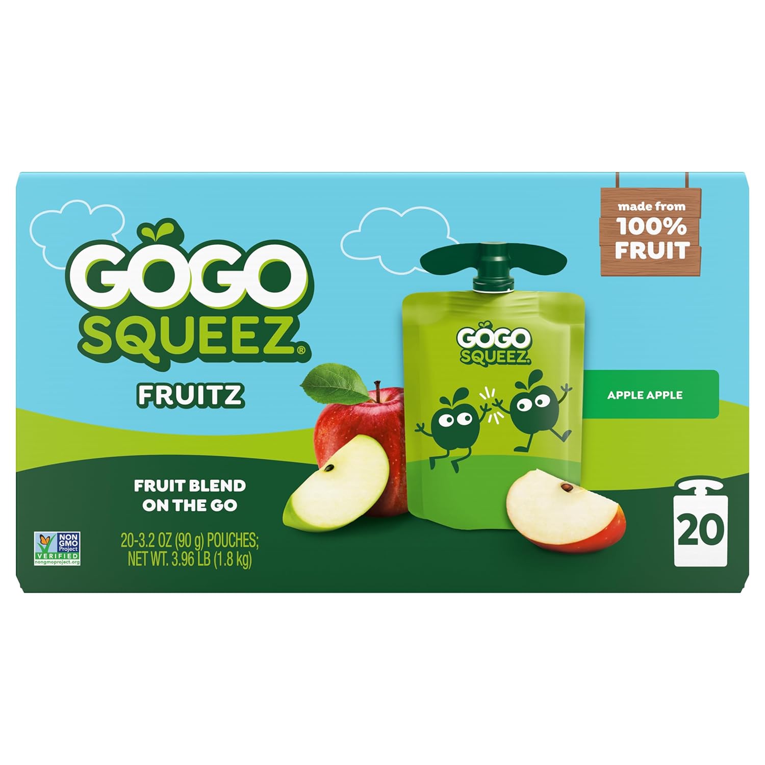 gogo squeeZ fruit on the go, apple apple, 3.2 oz, unsweetened, gluten free, nut free, recloseable, bpa free, pack of 20