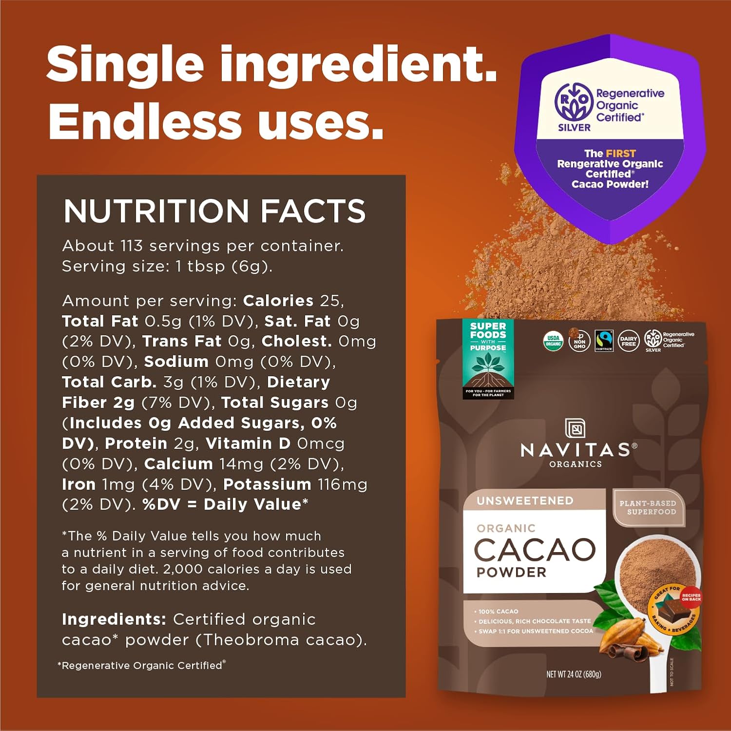 navitas organics cacao powder, 1:1 substitute, regenerative organic certified, 24oz, 113 servings