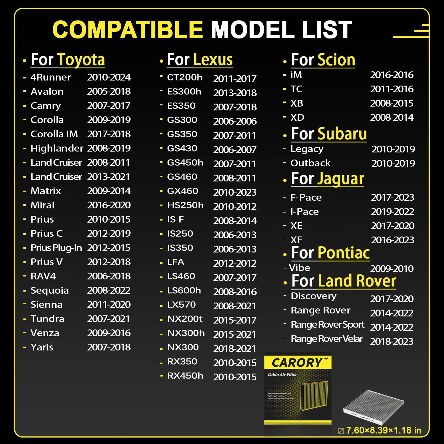 CARORY Cabin Air Filter w/Activated Carbon for Toyota Camry, Corolla, RAV4, Highlander, Lexus RX350, NX300, GX460, Subaru Legacy, Outback, Jaguar F-Pace, Land Rover Discovery, Range Rover and More