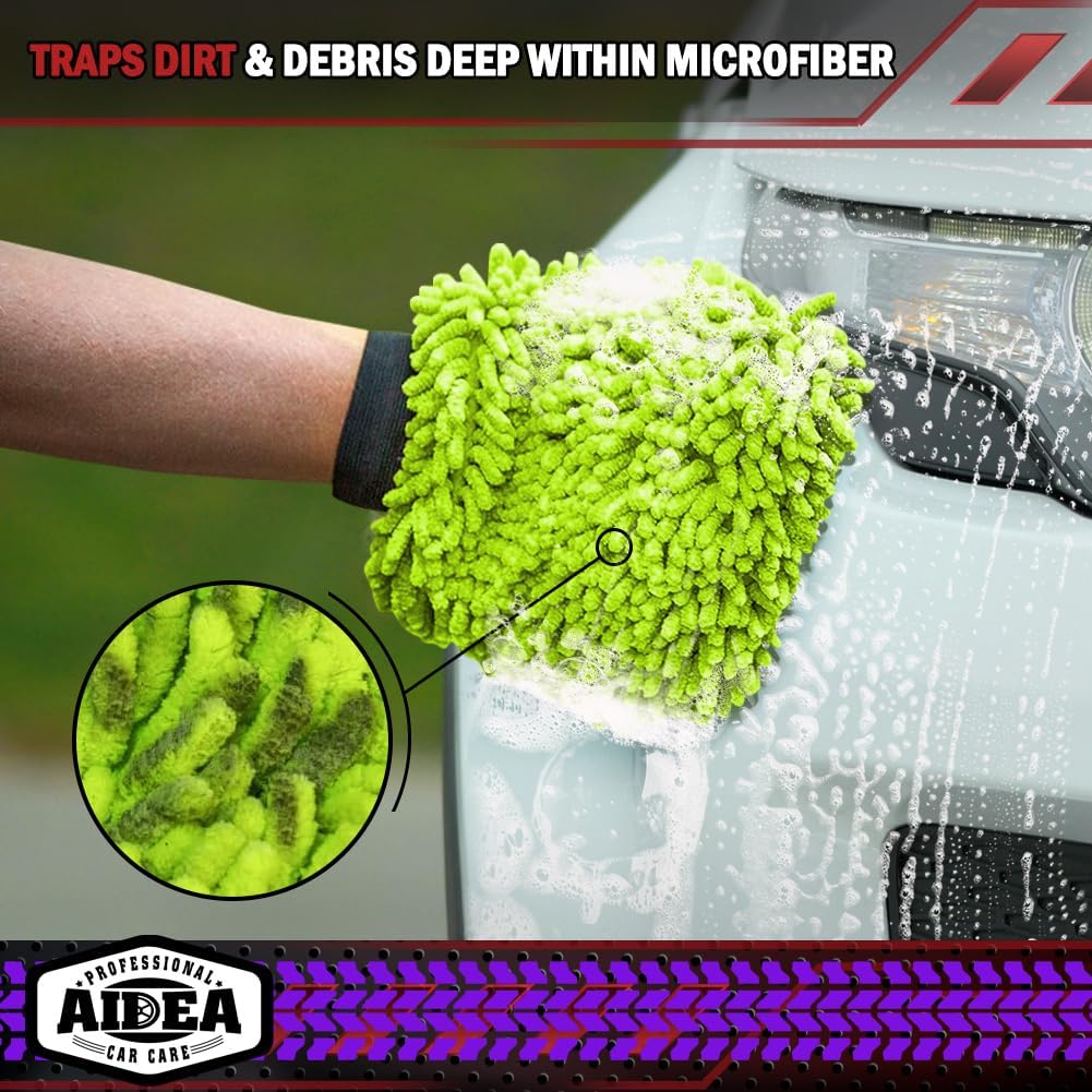 AIDEA 2PK Premium Chenille Microfiber Car Wash Mitts, Green, 7.12''x10.14''