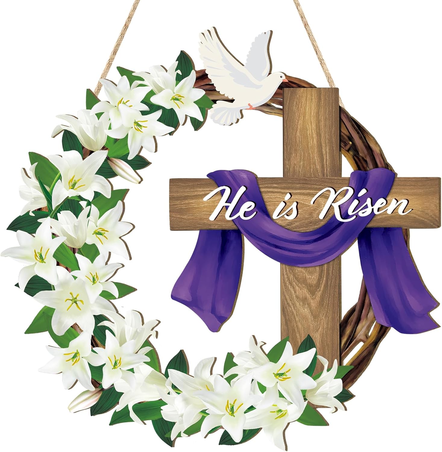 He is Risen Wooden Wreaths for Front Door - Christian Jesus Lily Flowers Ornaments Hanging Crafts - Spring Home Farmhouse Party Porch Decor