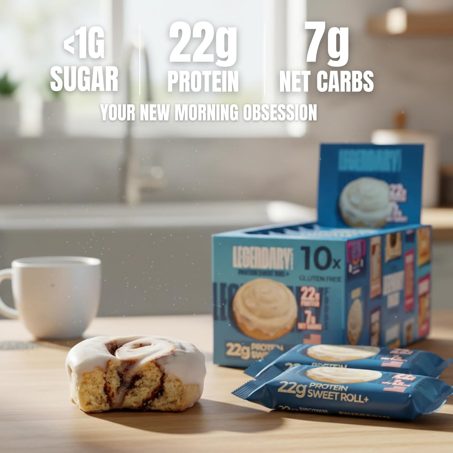 Legendary Foods Gluten-Free, Low Carb Cinnamon Roll Protein Bars, 22g Protein, 10-Pack