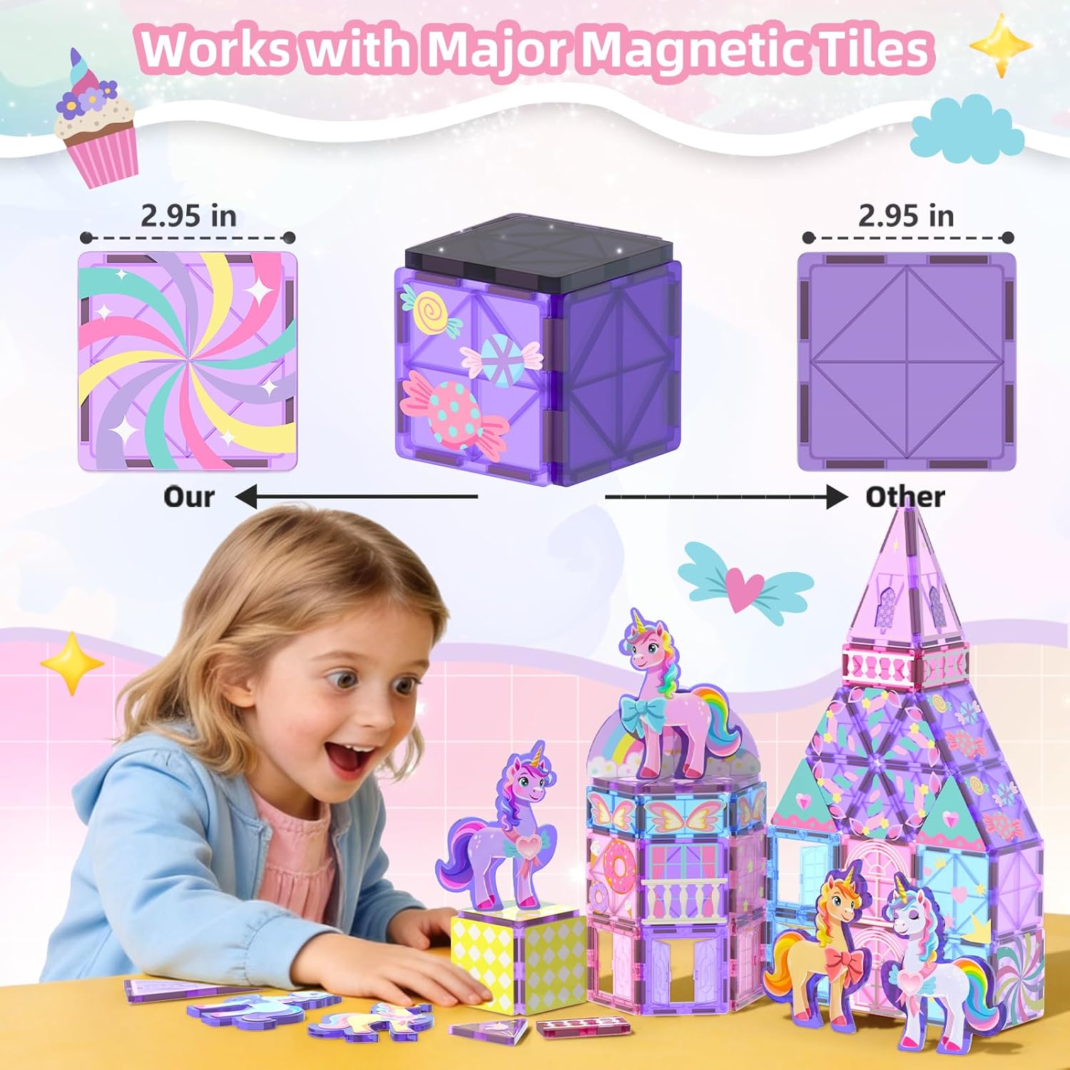 GobiDex 100PCS Unicorn Magnetic Tiles with 6 Unicorns, Princess Castle Unicorn Toys for Girls Age 4-6, Magnetic Building Blocks Toys for 3 4 5 Year Old Girl Birthday Gifts