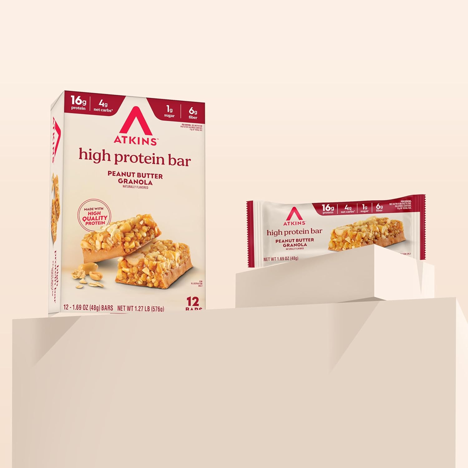 atkins peanut butter granola high protein bar, 16g protein, 1g sugar, 12 count