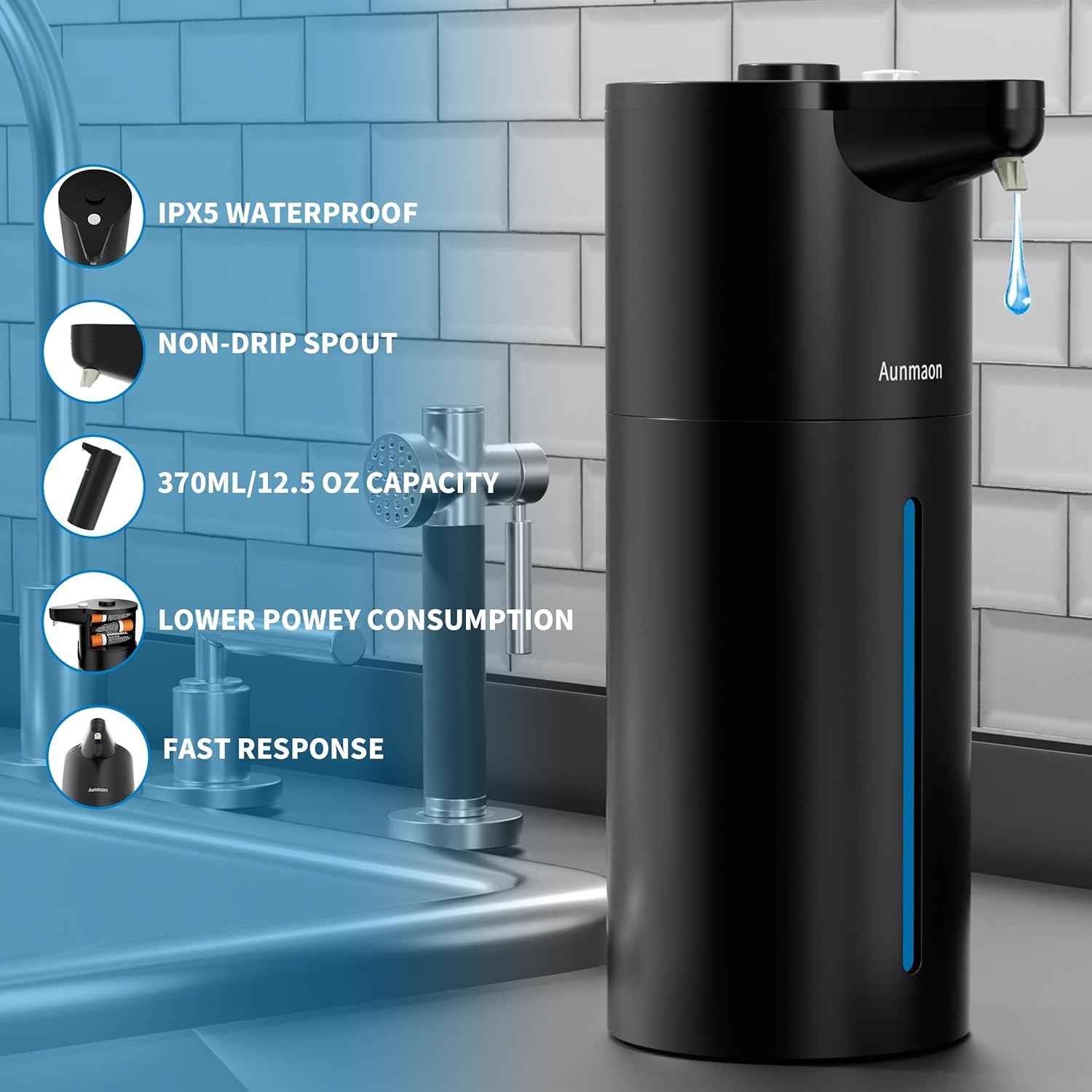 Aunmaon Automatic Soap Dispenser Touchless, Hands-Free, Multi Adjustable Volume, Long Battery Life, Compatible with Thick & Thin Dish/Hand Soap for Bathroom and Kitchen, Easy for Toddlers, Black