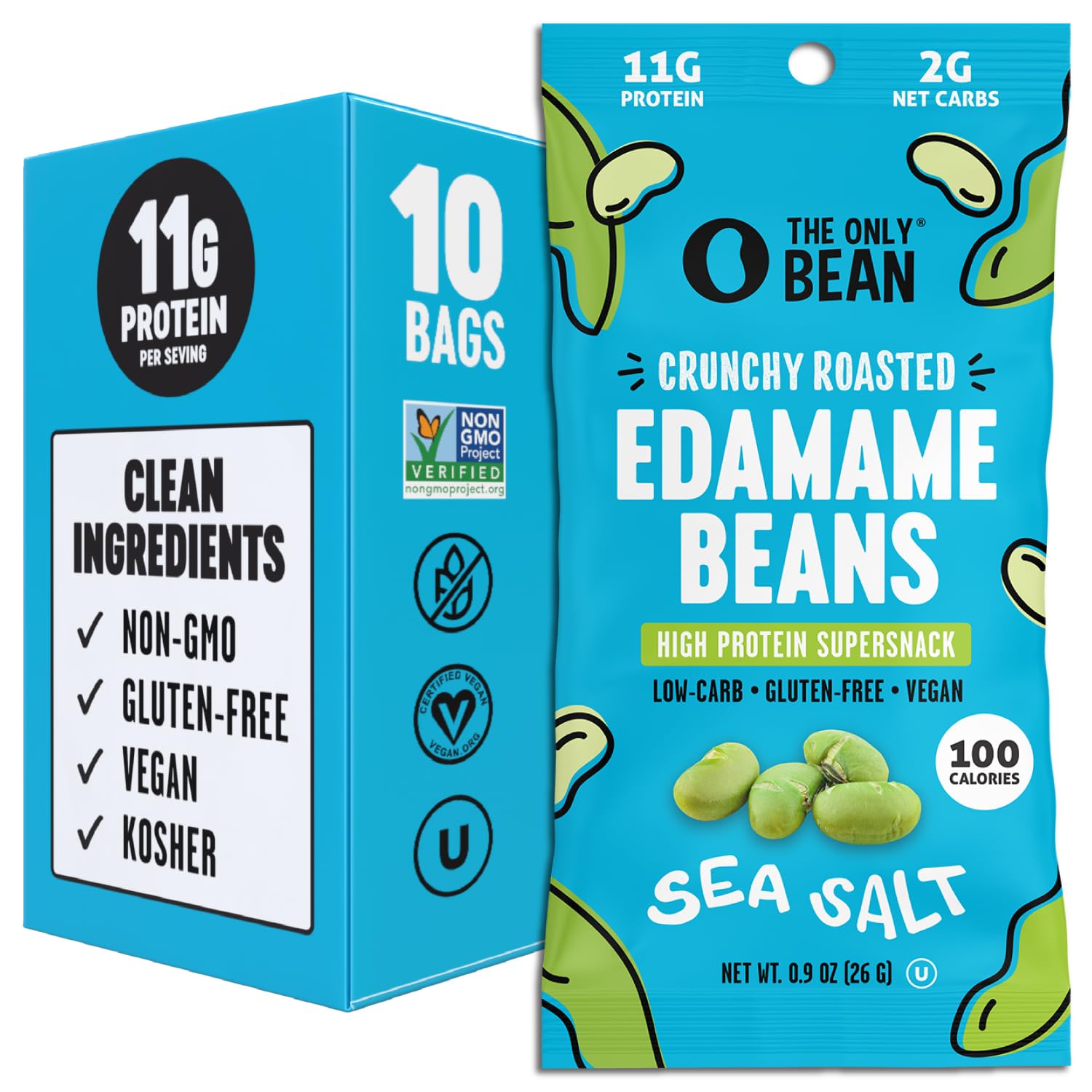 the only bean crunchy dry roasted edamame snacks (sea salt) 11g high protein low carb keto office vegan food