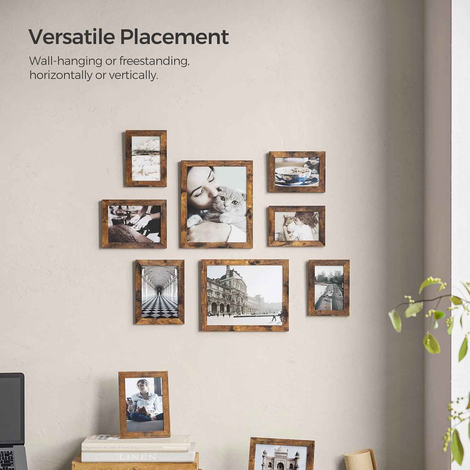 SONGMICS Picture Frames, Collage Picture Frames Set of 10, Two 8x10, Four 5x7, Four 4x6, Photo Frame for Wall Gallery Decor, Table Display, Christmas Gift, Rustic Brown URPF010X01